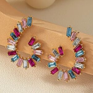 Swirl Pink Blue Crystal Gold Toned Stud Earrings